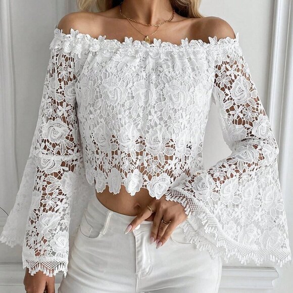 White Elegant Women's Summer Solid Color Lace Off-Shoulder Flare Sleeve Blouse - Picture 3 of 6
